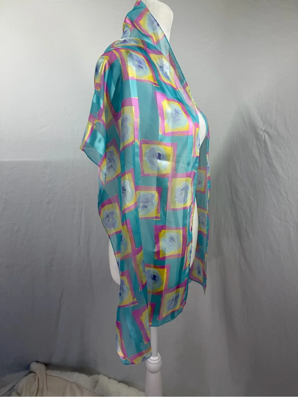 Sheer Rectangle Turquoise Floral and Square Print Silk Scarf